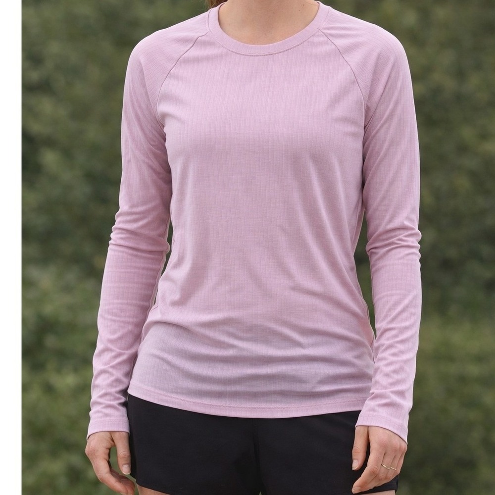 Oiselle Women's Flyout Long Sleeve Running Top Mauve Pink Ribbed Thumbholes- 4